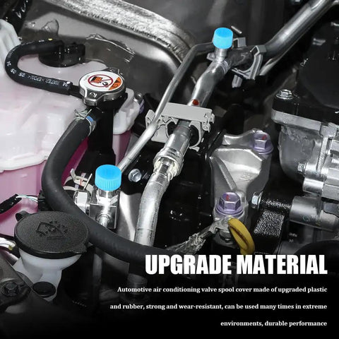Keep Things Chill Under The Hood With These Tight Sealing Car AC Valve Caps Crafted For R134a Systems close-up of upgraded valve spool cover with blue caps and hoses
