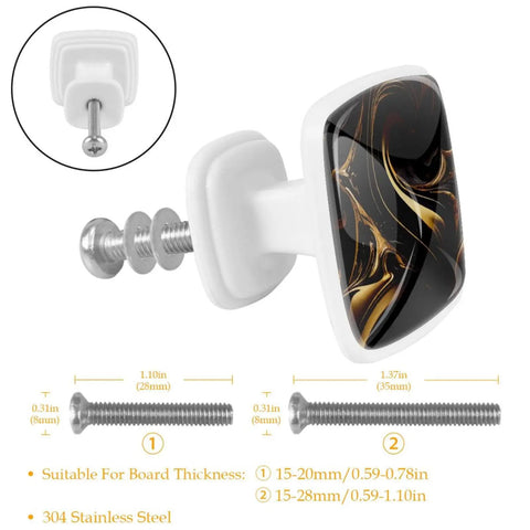 Abstract Marble Fluid Art Black Gold Drawer Handles 4 Pack Glass ABS cabinet pulls with screws and hardware detail view.