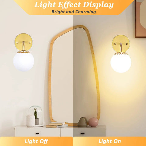 Gold Wall Sconces Set of Two With White Glass Globes Mid Century Brass Look Wall Lamps light on and off in a room display.