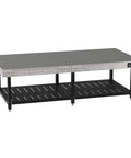 Heavy Duty Welding Fixture Table With Precision Laser Cut Grid Holes And Adjustable Levelers Built Hella Sturdy For Knocking Out Big Shop Builds 120 By 60 By 36 Inches, steel design with lower shelf.