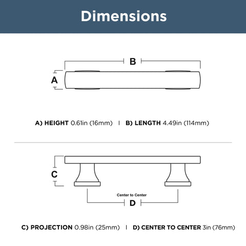 Dimensions diagram of Champagne Bronze Cabinet Handles 10 Pack 3 Inch 76mm Center To Center Traditional Drawer Pulls.