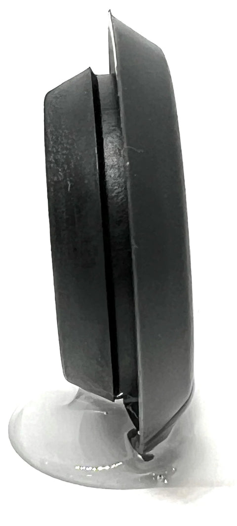 Side view of a black plastic flush mount hole plug for auto body and sheet metal applications, part of a fifty piece set.