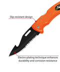 Orange foldable dive knife with slip-resistant handle and serrated blade, ideal for saltwater resistant scuba diving and camping.