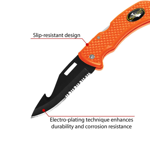 Orange foldable dive knife with slip-resistant handle and serrated blade, ideal for saltwater resistant scuba diving and camping.
