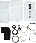 Parts for This Badass 1.2 HP Auto Start Dust Collector include bags, elbow, clamps, and connectors for woodworking setup.