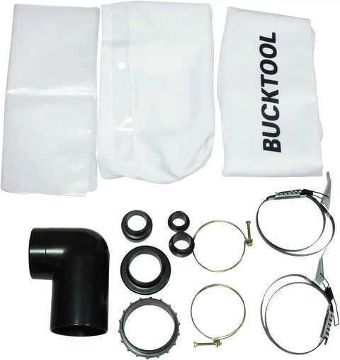 Parts for This Badass 1.2 HP Auto Start Dust Collector include bags, elbow, clamps, and connectors for woodworking setup.