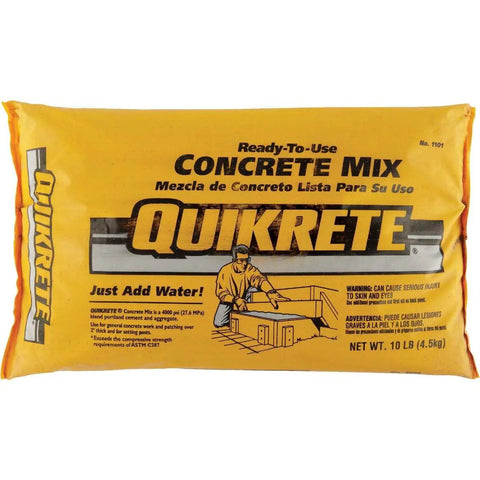 Front view of a 10 lb Quikrete Ready-To-Use Concrete Mix bag for small repairs and patch jobs, easy to mix, durable for DIY projects.