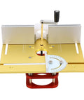 Heavy Duty Router Lift Base Kit With Tough Metal Insert Plate Fitting 64 To 66 Millimeter Motors Delivering Smooth 51 Millimeter Height Adjustment For No Sweat Woodworking Shop Upgrades, featuring gold aluminum base and height adjustment handle.