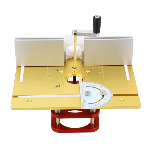 Heavy Duty Router Lift Base Kit With Tough Metal Insert Plate Fitting 64 To 66 Millimeter Motors Delivering Smooth 51 Millimeter Height Adjustment For No Sweat Woodworking Shop Upgrades, featuring gold aluminum base and height adjustment handle.