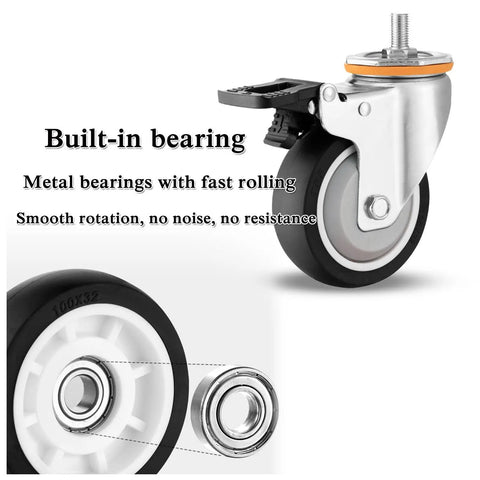 Close-up of 4 Pack Heavy Duty Furniture Caster Wheels With Brakes M10 M12 Threaded, showcasing built-in metal bearings for smooth rolling.