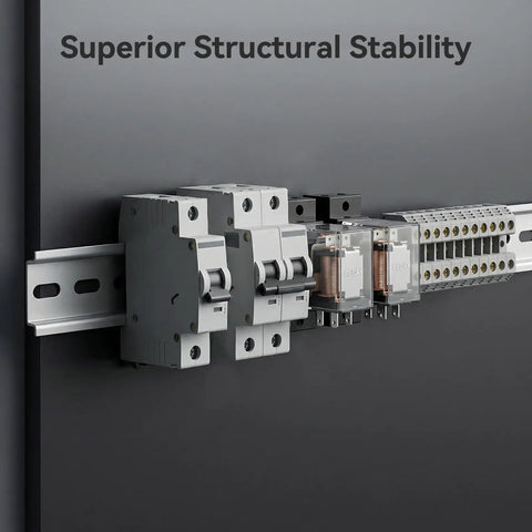 Heavy Duty 16 Inch Aluminum DIN Rail 35mm Wide Slotted Top Hat Mounts 2 Pack with industrial relays and terminal blocks