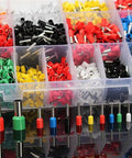 Top Shelf Copper Crimp Connectors For 22 Through 5 Awg Wire Featuring Thick Insulated Pin Terminals In Seven Vibrant Colors displayed in a storage box.