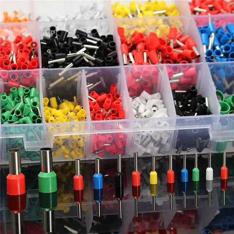 Top Shelf Copper Crimp Connectors For 22 Through 5 Awg Wire Featuring Thick Insulated Pin Terminals In Seven Vibrant Colors displayed in a storage box.