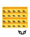 Twenty Piece DCMT070204 Diamond Carbide Turning Inserts, 55 Degree, in yellow case for steel and stainless machining, smooth finish.