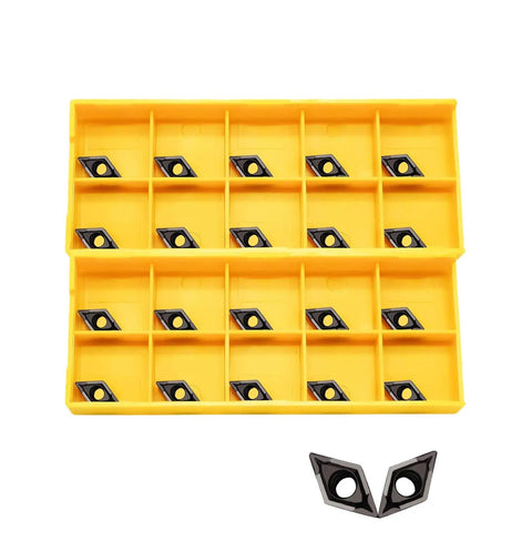 Twenty Piece DCMT070204 Diamond Carbide Turning Inserts, 55 Degree, in yellow case for steel and stainless machining, smooth finish.