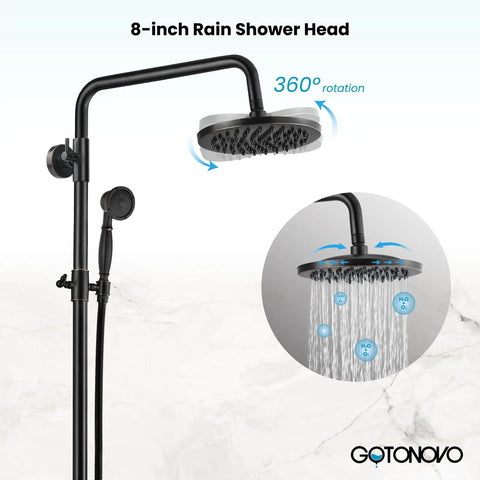 Oil Rubbed Bronze Wall Mounted Shower System With 8 Inch Rain Shower Head Tub Spout And Handheld Sprayer Three Function Diverter Double Cross Handles Solid Brass Construction, showing 360-degree rotating shower head.