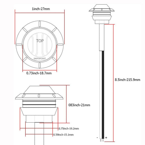 Technical diagram of 3 LED Round Boat Interior Lights Kit For Deck Transom And Cockpit Waterproof IP68 No Fuss Marine Cabin Lighting