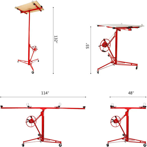 Heavy Duty Steel Drywall Lifter With Adjustable Height And Smooth Ride Casters For No Sweat Solo Ceiling Mounting and Plasterboard Hoisting On Any Busy Job Site Or Home Reno Garage Setup dimensions displayed