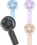 Four Pack USB Rechargeable Mini Handheld Fans Set With 3 Speeds in black, blue, pink, and purple, portable and compact design.