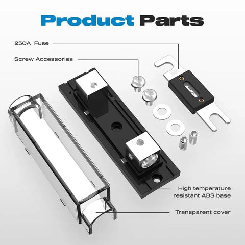 250 Amp ANL Fuse Holder Inline 0 2 4 Gauge AWG For Your Car Audio Rig With Easy Install Two Screw Holes Secure Mount Great For Cars Trucks Boats Durable Construction For Long Lasting Performance In Harsh Road And Marine Conditions. black ANL fuse holder, transparent cover, screws, and 250A fuse