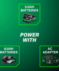 Powerhouse 36V Cordless Track Saw Kit With battery options and AC adapter on green background