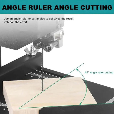 Powerhouse 800W Pure Copper Benchtop Bandsaw for Wood cutting at 45-degree angle with ruler guide