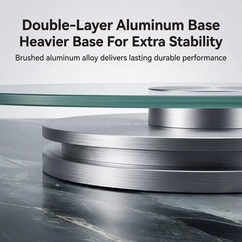 360 Degree Lazy Susan For Dining Table With Tempered Glass Round Top and double-layer aluminum base.
