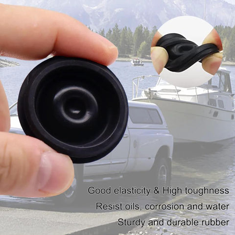 SUNCARACCL rubber trailer hub plug, fits 1.98-inch dust caps, black, close-up view held in hand