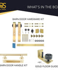 Light Gold Barn Door Hardware Kit 5ft Adjustable Sliding System With 12 Inch Handle And Floor Guide, Dope Brushed Brass Finish Hardware Only For Bathrooms Closets Room Dividers And Office, Easy Mount contents