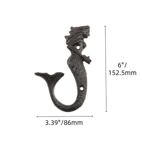 Hella Sturdy Mermaid Cast Iron Hooks, Rustic Black Wall Plant Hanger, 6x3.39in, durable iron, ideal for cozy storage.