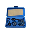 Awesome 11 Piece Hole Saw Kit For Drilling 19 To 64mm Rounds In Wood, Metal And Alloy With Heavy Duty Case Perfect for Serious DIY Projects and Professional Job Sites. Blue case open with hole saw bits