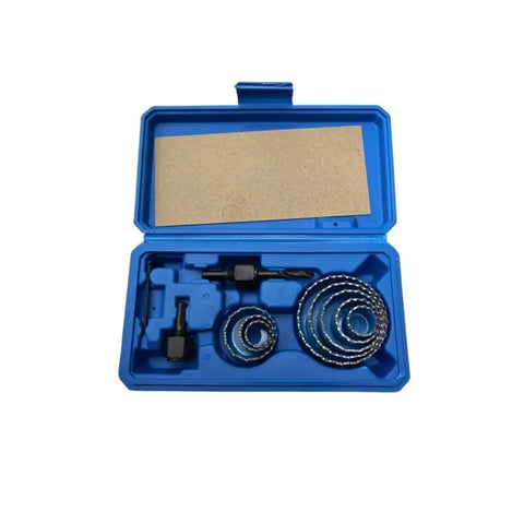 Awesome 11 Piece Hole Saw Kit For Drilling 19 To 64mm Rounds In Wood, Metal And Alloy With Heavy Duty Case Perfect for Serious DIY Projects and Professional Job Sites. Blue case open with hole saw bits