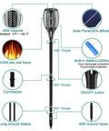 Diagram showing components of 4 Pack 43 Inch Solar Torch Lights With 96 LEDs, Outdoor Waterproof Landscape Pathway Lighting, Realistic Flickering Flame Effect For Patio Vibes, Dusk To Dawn Auto On Off, Yard Garden Decor.