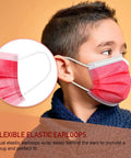 Child wearing Kids Face Masks Pack Of 50 Three Ply Disposable With Colorful Designs, Snug Nose Wire, Durable Ear Loops, red mask