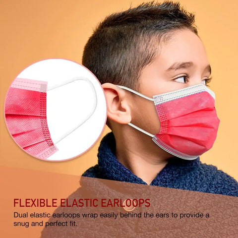 Child wearing Kids Face Masks Pack Of 50 Three Ply Disposable With Colorful Designs, Snug Nose Wire, Durable Ear Loops, red mask