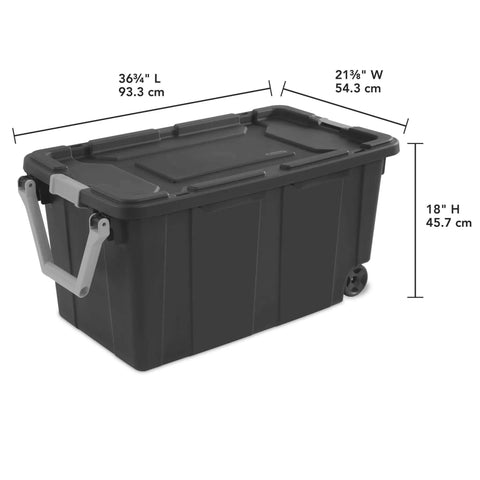 Beefy 40 Gallon Storage Bin On Wheels With Locking Lid Resin Plastic Toolbox for garage; dimensions shown in inches and cm