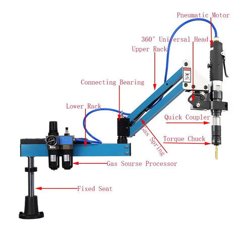 Get The Job Done Fast With This Heavy Duty Pneumatic Tapping Machine For Smooth M3 To M12 Threading, showing pneumatic motor and adjustable components.