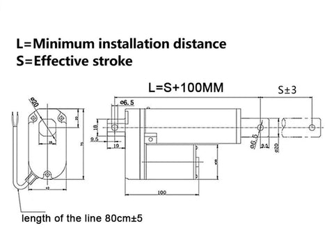 Technical diagram of Workhorse Electric Linear Actuator 150mm And 200mm Stroke 12V 24V DC Gear Motor with measurements