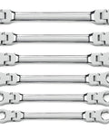 Six Piece Flex Flare Nut Wrench Set Metric With 180 Degree Flexible Head displayed in a row on white background