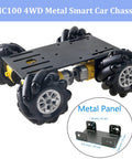 Front view of black MC100 4WD metal smart car chassis with TT motors and four large omnidirectional wheels.
