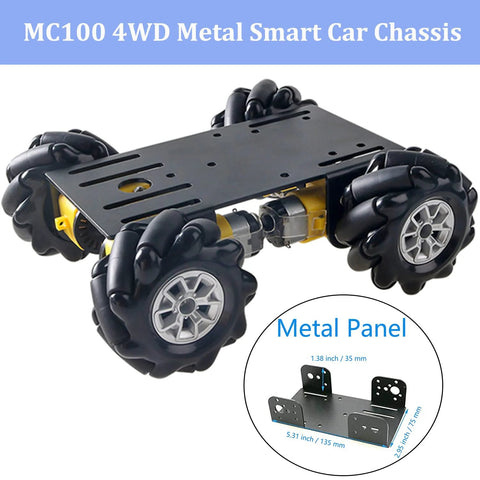 Front view of black MC100 4WD metal smart car chassis with TT motors and four large omnidirectional wheels.