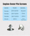 Lower Engine Cover Pin Screws And Bolts Kit Must Have For Honda Accord Civic CR V And Acura Splash Shield And Radiator Support Hardware 90674 TY2 A01 90105 TBA A00 Replacement OEM Style showing two metal pins and compatibility chart.