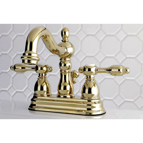 Four Inch Centerset Bathroom Faucet In Polished Brass With Lifetime Drip Free Ceramic Cartridge Brass Construction
