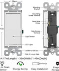 Diagram of 10 Pack Light Switch With LED Night Light And Auto On Off Sensor, size dimensions, and components labeled.