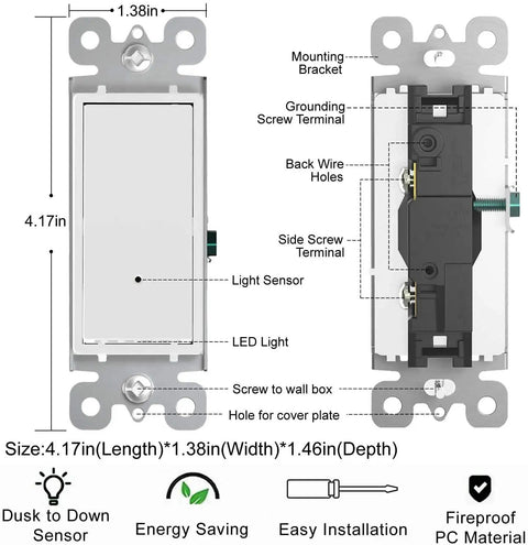 Diagram of 10 Pack Light Switch With LED Night Light And Auto On Off Sensor, size dimensions, and components labeled.