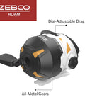 Roam Spincast Reel And Fishing Rod Combo, 6-Foot 2-Piece Fiberglass Rod With ComfortGrip Handle showing dial-adjustable drag and gears