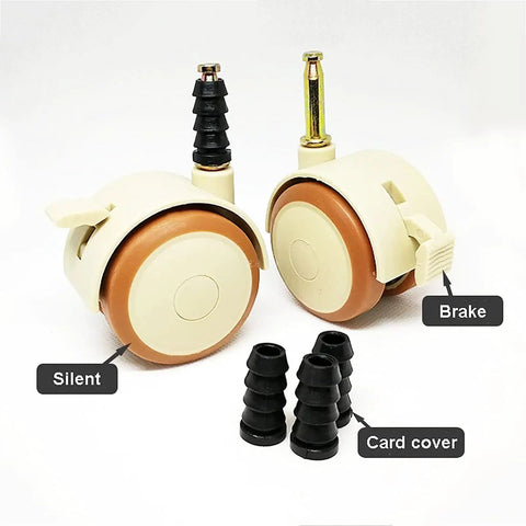 Badass Heavy Duty Swivel Casters With Rock Solid Lock Brakes, Zero Friction Smooth Glide For Home Furniture, Premium Rubber Reinforced Build, Quick Swap Replacement Wheels set of 4 showcasing close-up of two casters with brakes and accessories.