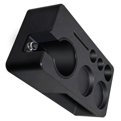 Solid Coffee Tamper Holder Built From Shock Absorbent Abs Material For No Fuss Daily Brewing Portable Countertop Tamping Station side view with multiple cup sizes