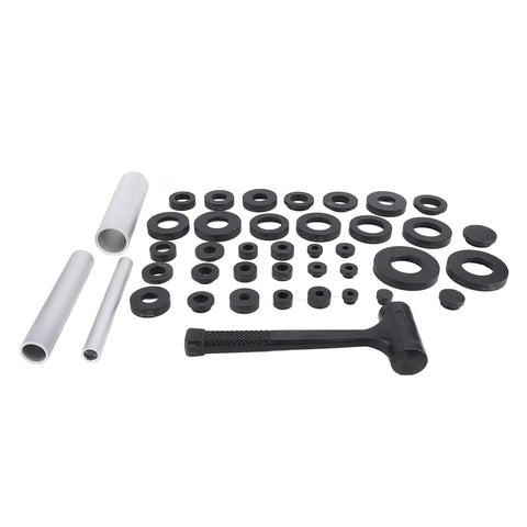 Pro Grade 37 Piece Seal Bearing Installation Kit for Oil Seals and Bearings, nylon and metal tools arranged with hammer