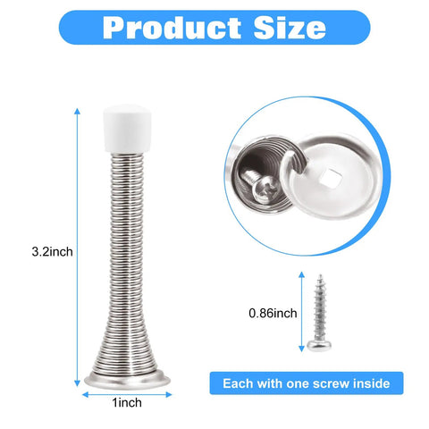 Six Pack 3.2 Inch Spring Door Stopper Heavy Duty Door Stop With Rust Proof Screws And Rubber Bumper Tips Wall Saver For Home Office And Kids Room Easy Install Satin Nickel Finish, shown with dimensions and screw included.